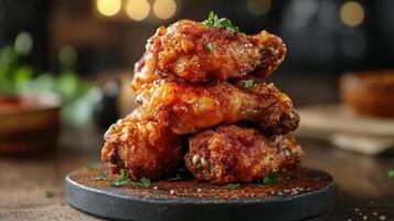 A stack of fried chicken wings with a sauce photo