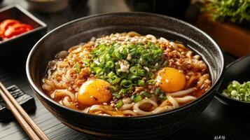 Bowl of steaming hot udon noodles with soft-boiled eggs and fresh vegetables. photo