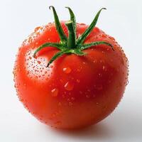 a close-up of a ripe, juicy tomato with water droplets all over it. photo