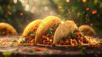 A mouth-watering scene of a plate filled with several garnished tacos, photo