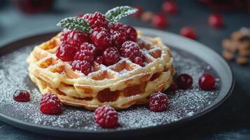 A stack of waffles with red fruits and powdered sugar. photo