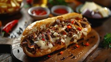 A close up of a sandwich with cheese and meat photo
