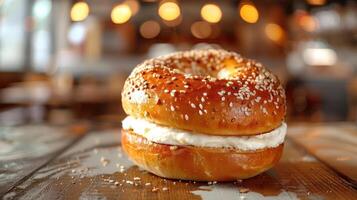 A bagel with cream cheese sitting on top of a wooden table photo