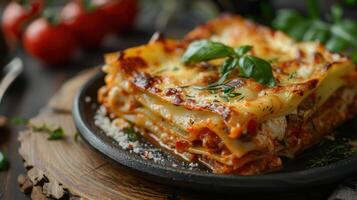 a plate of lasagna with a fork and tomatoes photo