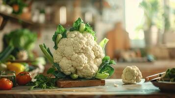 a cauliflower on a cutting board with other vegetables photo