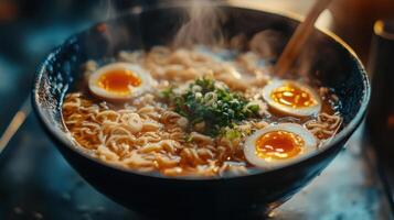 A steaming bowl of ramen noodles topped with soft-boiled eggs and green onions photo