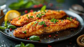 two fish fillets on a plate with a lemon slice photo
