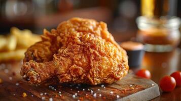 a fried chicken on a cutting board with a side of fries photo