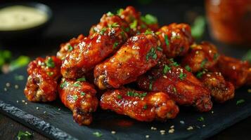 Chicken wings with sauce and garnish photo