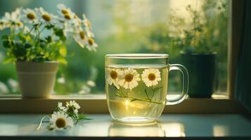 Glass cup of chamomile tea with fresh chamomile flowers floating inside, placed windowsill with potted plants background photo