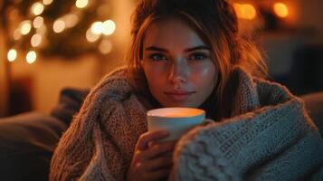 Cozy woman wrapped warm knitted blanket holds cup of hot drink, with soft glowing lights background photo