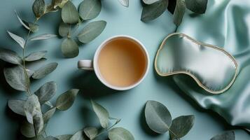 Soothing cup of chamomile tea with eucalyptus leaves and silk sleep mask on soft green background photo