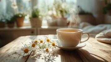 Steaming cup of tea on rustic wooden table, surrounded by fresh chamomile flowers photo