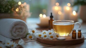 Calming spa scene with chamomile tea, essential oil bottles, rolled towel, and glowing candles photo