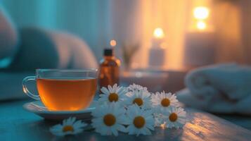 Calming spa scene with cup of herbal tea, chamomile flowers, essential oil bottle, and soft candlelight photo