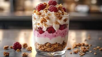 Delicious layered parfait with granola, greek yogurt, raspberries, and creamy topping, served in glass photo