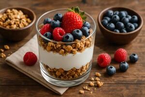 vaso de en capas griego yogur parfait con Granola, Fresco fresas, frambuesas, y arándanos de madera mesa foto