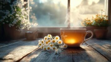 Steaming cup of tea sits rustic wooden table, surrounded by fresh chamomile flowers photo