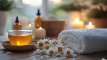 Serene spa setting with chamomile flowers, cup of herbal tea, essential oil bottles, candles, and rolled white towel photo