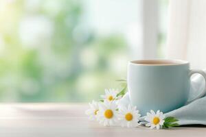 Serene morning scene with light blue ceramic mug of tea on wooden table, surrounded by fresh white daisies and soft natural light photo