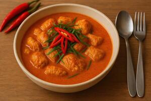 Spicy red chicken curry or Panang garnished with fresh chili and herbs in bowl on wooden table photo