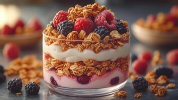 delicioso en capas parfait con cremoso griego yogur, crujiente Granola, y Fresco bayas, incluso frambuesas y moras foto
