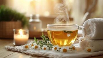 Steaming cup of chamomile tea sits on soft towel, surrounded by fresh chamomile flowers, lit candle photo