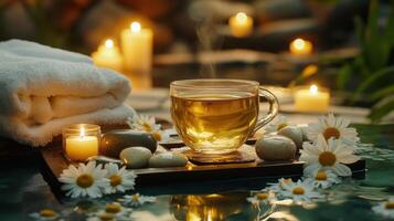 Steaming cup of herbal tea surrounded by chamomile flowers, candles, and spa essentials photo