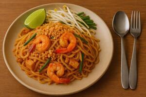 Pad Thai. Plate of delicious stir fried noodles with shrimp, bean sprouts, lime, and garnished with crispy toppings, served wooden table photo