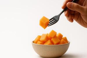 Fresh orange melon cubes in bowl with hand holding fork, ready to eat, on white background photo