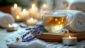 Calming spa scene with steaming cup of herbal tea, lavender sprigs, chamomile flowers, rolled towels, and glowing candles photo