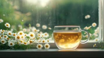 Glass cup of chamomile tea sits windowsill surrounded by blooming chamomile flowers, with sunlight streaming through window, creating serene photo
