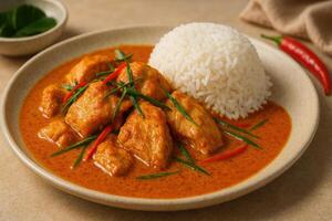Plate of Panang or Thai red curry with tender chicken pieces, garnished with kaffir lime leaves and served with steamed white rice photo