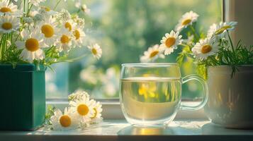 Glass cup of chamomile tea sits on windowsill surrounded by blooming chamomile flowers in pots photo