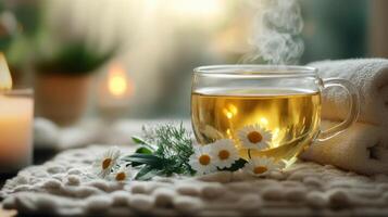 Steaming cup of chamomile tea sits on cozy textured surface, surrounded by fresh chamomile flowers and soft towels photo