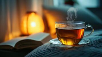 Steaming cup of tea in glass cup sits on cozy blanket, with glowing lamp and open book in background photo