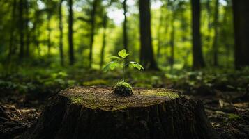 Small Sapling Growing on a Tree Stump in a Green Forest photo
