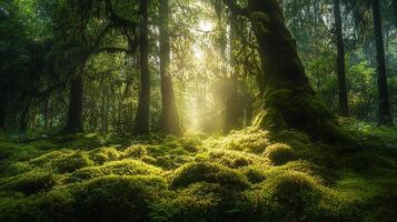 Green Forest with Sunlight and Moss-Covered Trees. Lush Nature Scene photo