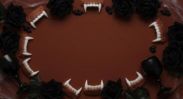 Halloween background with vampire teeth, black roses, goblets, and cobwebs on a blood red background. Perfect for themed designs and spooky promotions. photo