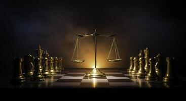 A symbolic representation of justice and strategy, featuring a golden balance scale surrounded by chess pieces on a chessboard, evoking themes of decision making and competition. photo