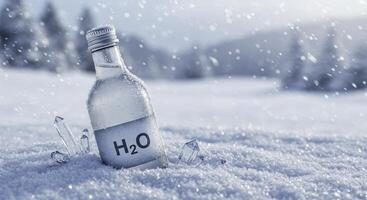 Frosted glass bottle labeled H2O sits nestled in snow and ice crystals. The bottle, capped in silver, is partially covered in frost. Winter scene with snow falling in the background. photo