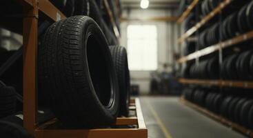 Tires are neatly arranged on shelves in a warehouse, showcasing organized storage and inventory management. The focus is on tire treads and smooth sidewalls in a softly lit setting. photo