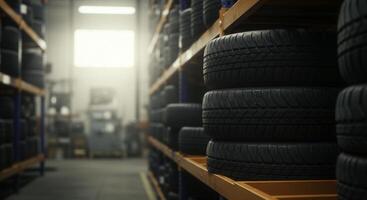 Tires stacked on shelves in a warehouse, showcasing tire treads and patterns. Automotive industry, tire storage, and distribution concepts are visualized in a softly lit setting. photo