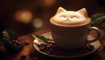 A cup of cappuccino with delicious fluffy foam in the shape of a cat. The lighting is warm and soft, creating a cozy and charming atmosphere of the cafe. photo