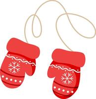 Red mittens with winter pattern. Warm accessory for winter. Decorative element for Christmas design. Hand drawing illustration vector