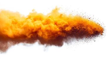 Vibrant dust cloud explosion. A vibrant explosion of orange dust fills the air, creating a dynamic cloud effect against a white background. photo