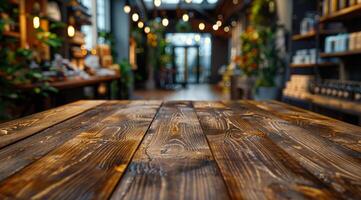 Wooden table in a cozy cafe setting. Warm wood grains of a table invite guests into a quaint cafe filled with plants, light, and inviting decor. photo