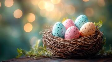 Colorful Easter eggs in a nest display. A decorative nest holds pastel-colored Easter eggs, set against a blurred, softly-lit background that evokes springtime. photo