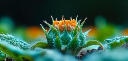 Sunflower bud in garden. A close-up view of a sunflower bud surrounded by green leaves in a vibrant garden setting during daylight. photo