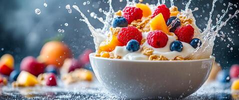 Fresh fruit bowl with splashes of yogurt. Colorful fruit and cereal combine in a bowl, creating a splash as yogurt cascades around the vibrant ingredients. photo